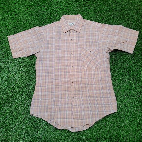 Vintage 70s Levi's Plaid Short Sleeve Shirt Mens Small (Tagged M) Pastel - Picture 1 of 7